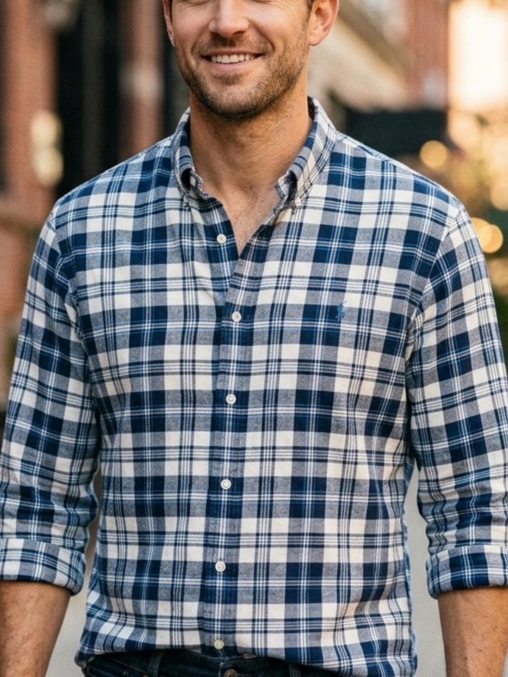 Ralph Lauren Navy and White Flannel Plaid Button-Down Shirt, XXL